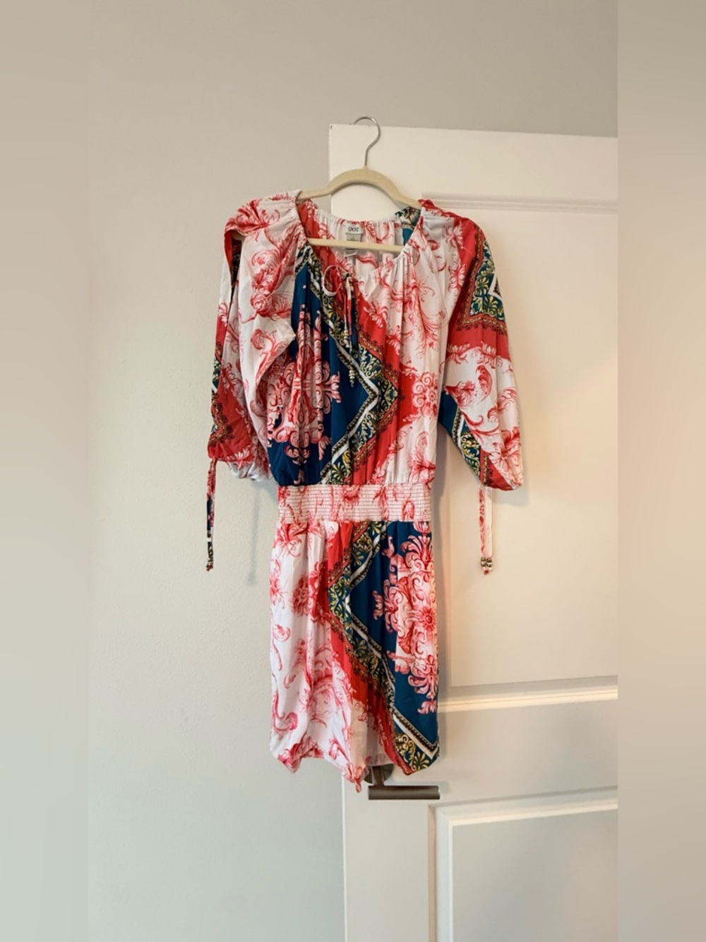 Cache Printed Tie-Waist Mini Dress in Red, Navy & White